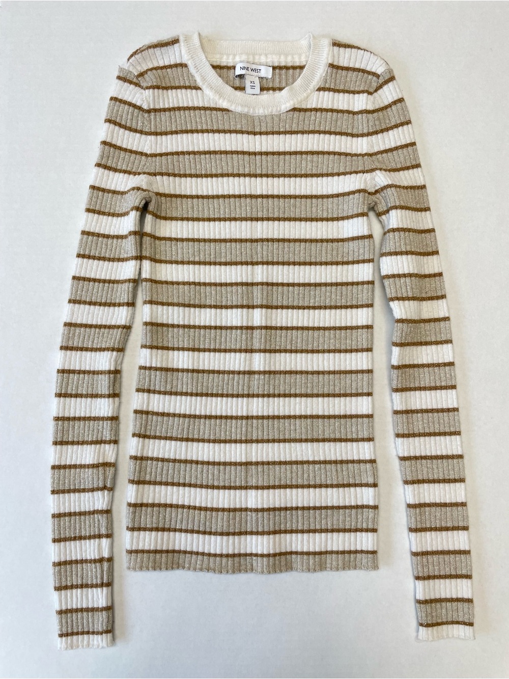 Nine West Women’s XS Striped Sweater Cream Gold Metallic Stretchy Party Holiday